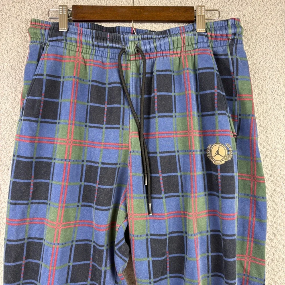 Jordan Flight Pants Mens Large Blue Plaid Fleece Joggers Jumpman Logo Nike